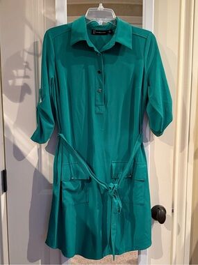💚 NY & Company Emerald Green Shirt Dress | Small | Roll Tab Sleeves | Belted